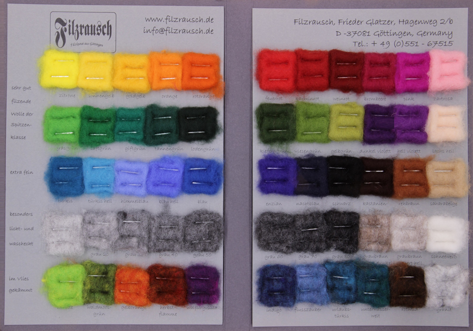 Farbmusterkarte Merinowolle, 19mic extra fein 55 Farben (bunt im Vlies)