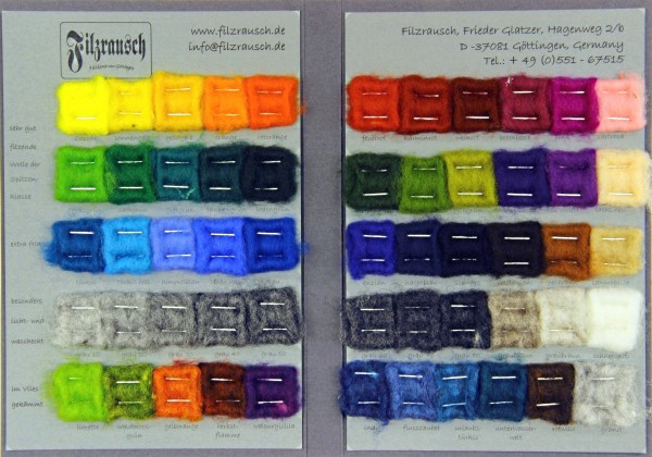 Farbmusterkarte Merinowolle, 19mic extra fein 55 Farben (bunt im Vlies)